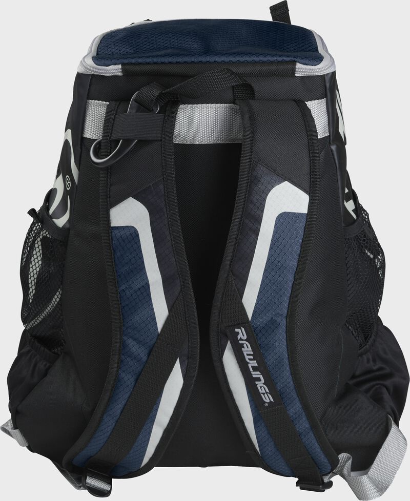 Back of black/navy R500 Players team backpack with black/navy shoulder straps