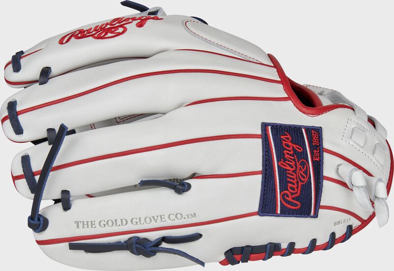 Back of a white Liberty Advanced 12-Inch softball glove with a navy Rawlings patch - SKU: RLA120-31WNS