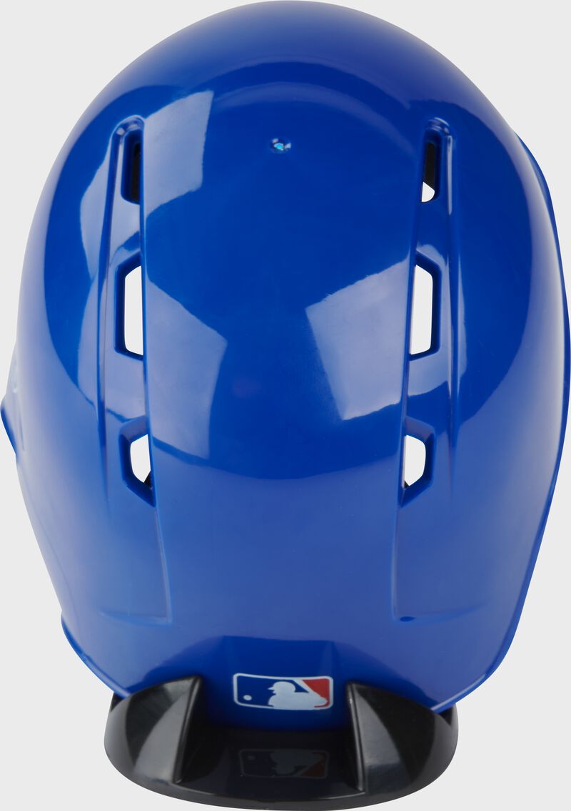 Back of a blue Dodgers mini replica helmet
