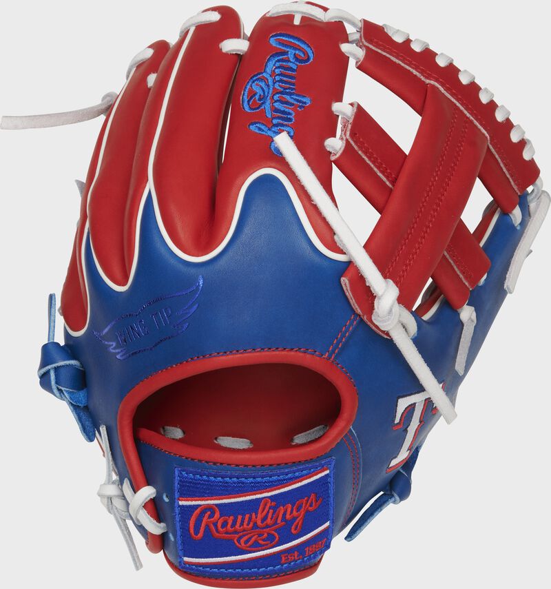Shell back view of royal, scarlet, and platinum 2021 Texas Rangers Heart of the Hide glove