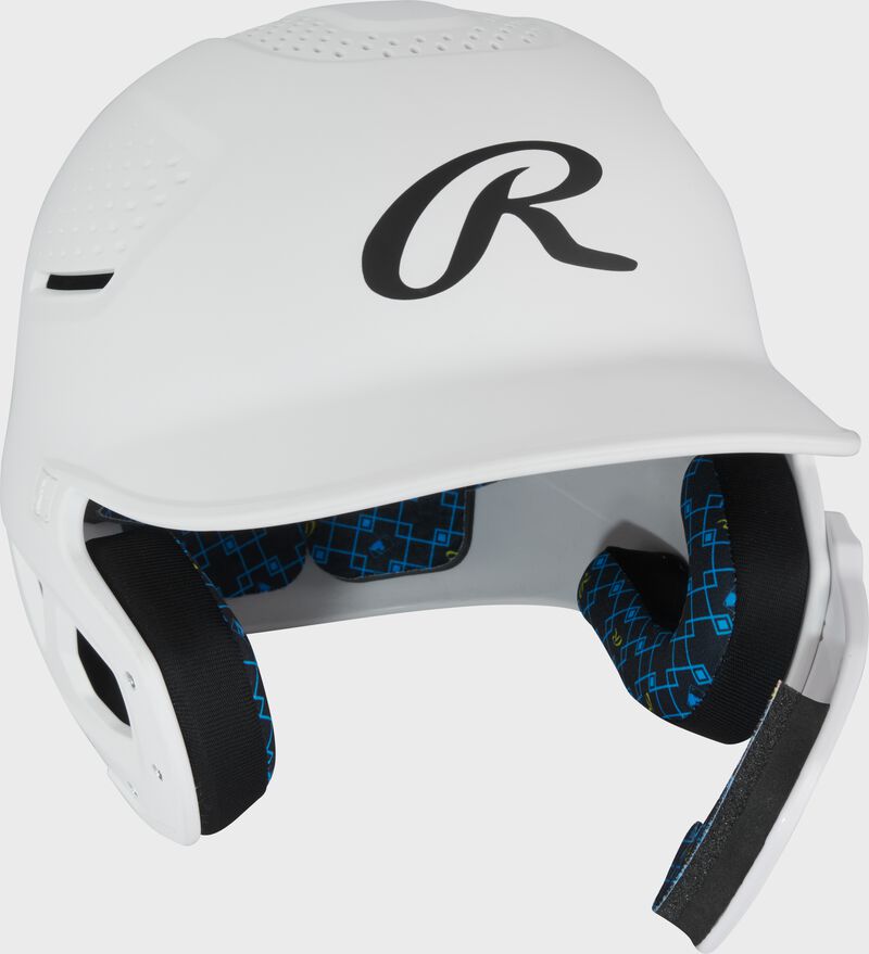 Front right of a white Rawlings RX2 Reverse batting helmet