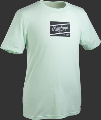 A mint Rawlings ColorSync patch short sleeve shirt with a black/gray patch on the chest