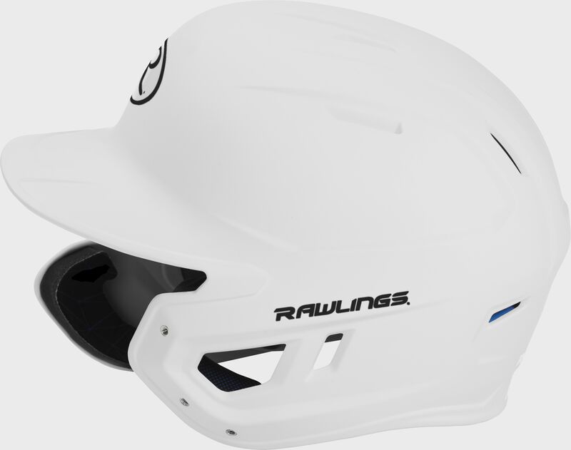 Left side of a MACHEXTL junior Rawlings batting helmet with a one-tone matte white shell