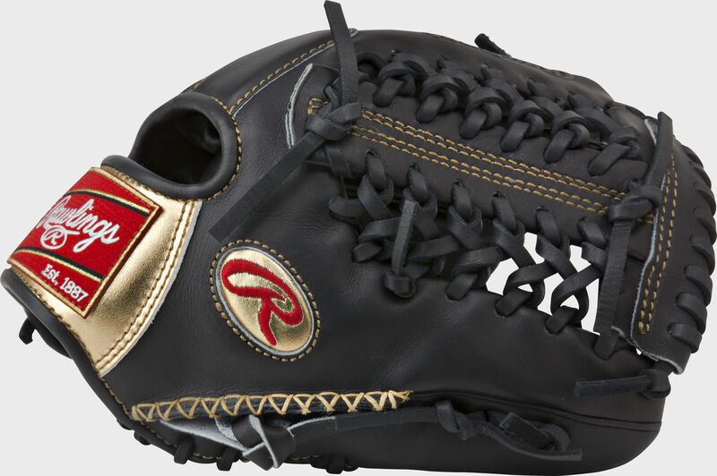 Thumb of a black RGG206-3B Gold Glove 12-inch infield/pitcher glove with hand sewn welting and black Modified Trap-Eze web