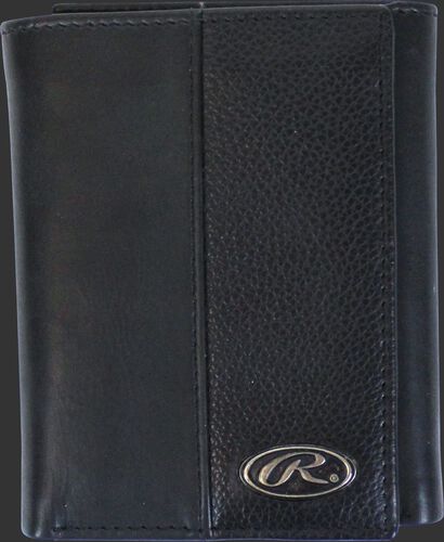 A black RW80003-001 Bases loaded tri-fold wallet folded closed with a silver Oval R emblem in the bottom right corner