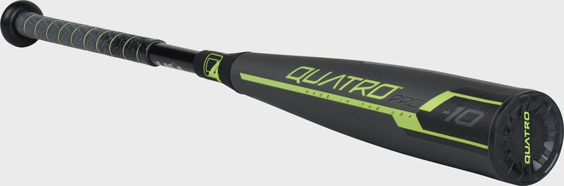 3/4 angle view of a US9Q10 USA Quatro Pro baseball bat with a grey barrel, green accents and black end cap