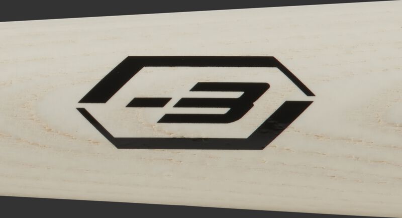 A black -3 stamp on a white-wash barrel of a Player Preferred wood bat - SKU: 271RAB