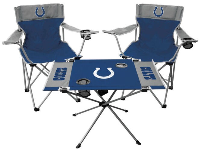 Front of Rawlings Blue and Grey NFL Indianapolis Colts 3-Piece Tailgate Kit With Two Kickoff Chairs, An Endzone Table, And A Transport Bag With Team Logo SKU #01041070511