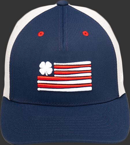 Blue front of a Rawlings Black Clover RBC Clover Nation fitted hat with an American flag logo - SKU: BCR1RCN0071