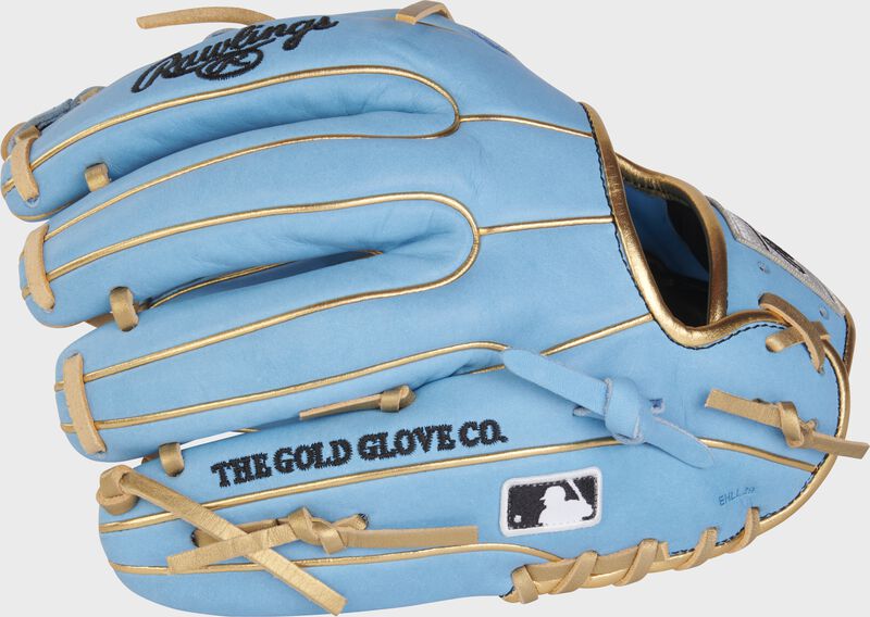 Back of a Columbia blue HOH R2G 11.5" infield glove with the MLB logo on the pinky - SKU: RSGPROR934-32CBG
