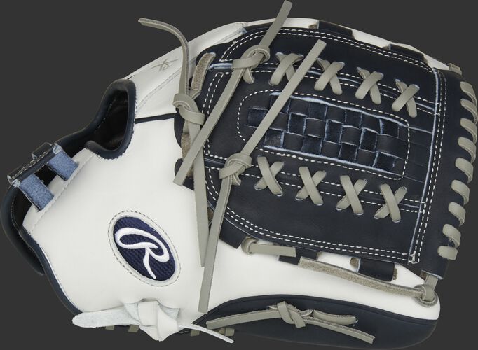 Thumb of white RLA125-18N Liberty Advanced Color Series 12.5-inch fastpitch glove with a navy Double Laced Basket web