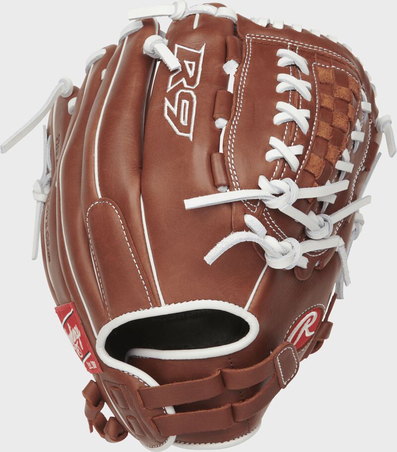 R9SB120FS-18DB 12-inch R9 Series fingershift softball glove with a brown back and Pull-Strap back design
