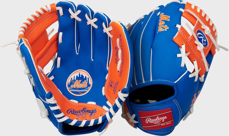 Two images showing the palm & back of a royal/orange New York Mets team logo youth glove