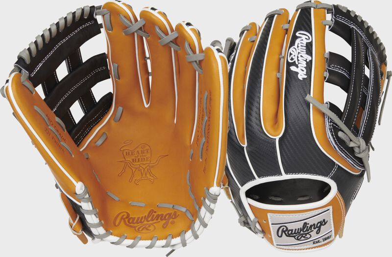 Back & palm view of a tan/black Heart of the Hide Hyper Shell 12.75" outfield glove - SKU: PRO3319-6TBCF