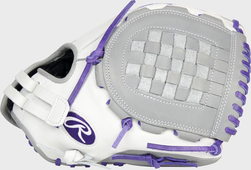 Thumb of a white/purple 2022 Liberty Advanced Color Series 12-Inch infield/pitcher's glove with a gray basket web - SKU: RLA120-3WPG loading=