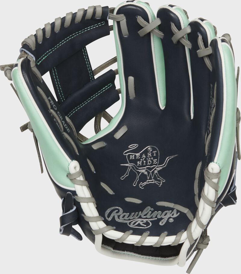 Navy palm of a Rawlings Seattle Mariners HOH glove with silver stamping and gray laces - SKU: RSGPRO314-2SEA loading=