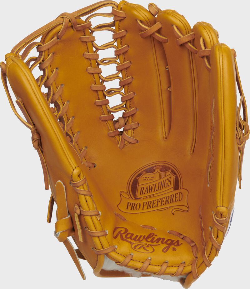 Palm of a rich tan Rawlings Pro Preferred outfield glove with tan laces - SKU: PROSMT27RT