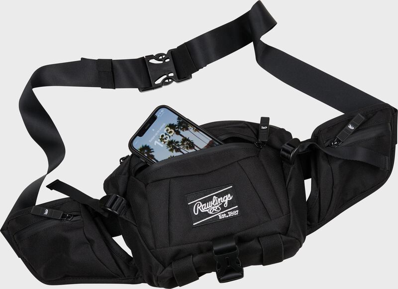 Front of a black Sling bag with a phone in the front pocket - SKU: RSLING-BK