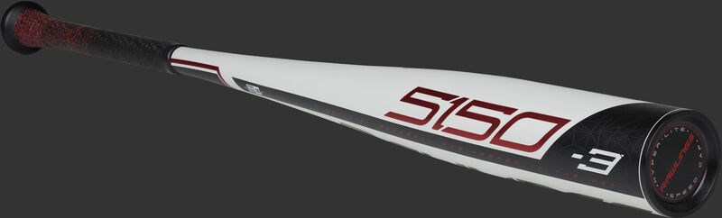3/4 angle view of a BB953 5150 BBCOR -3 bat with a white barrel and black/red accents