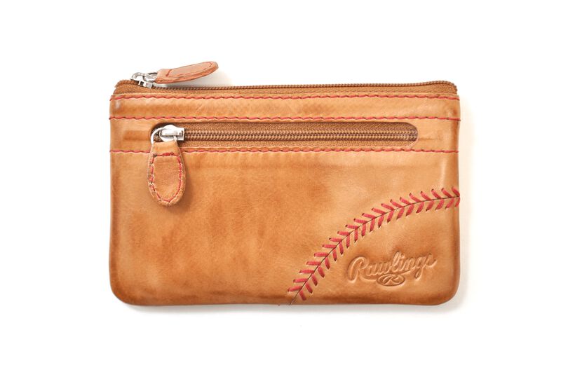 A tan Baseball Stitch coin purse with red stitch design - SKU: MW415-204