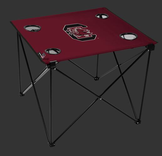 A maroon NCAA South Carolina Gamecocks deluxe tailgate table with four cup holders and team logo printed in the middle SKU #00713098111