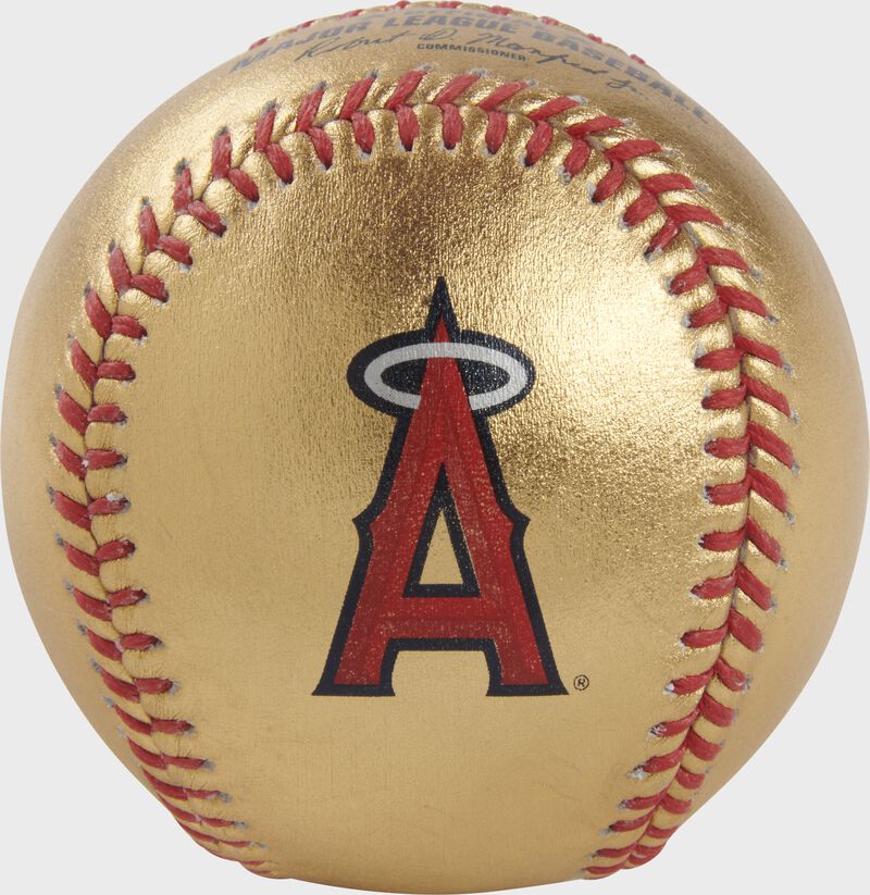 Angels logo on a gold MLB baseball with red stitches - SKU: RSGEA-GOLDLAA-R