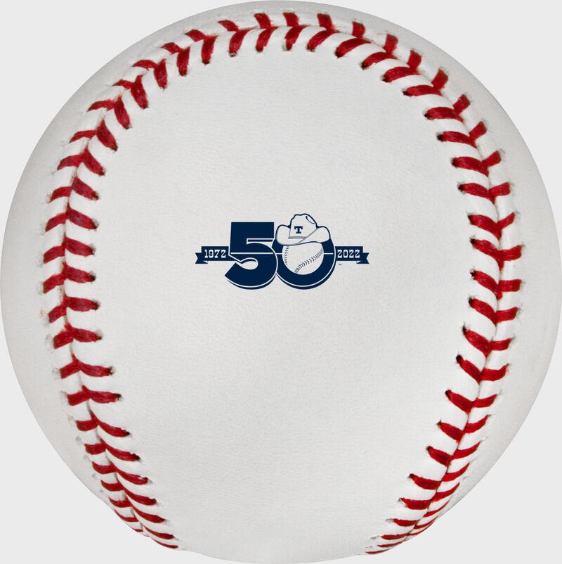 Texas Rangers 50 year anniversary logo on a MLB baseball - SKU: RSGEA-ROMLBTR50-R