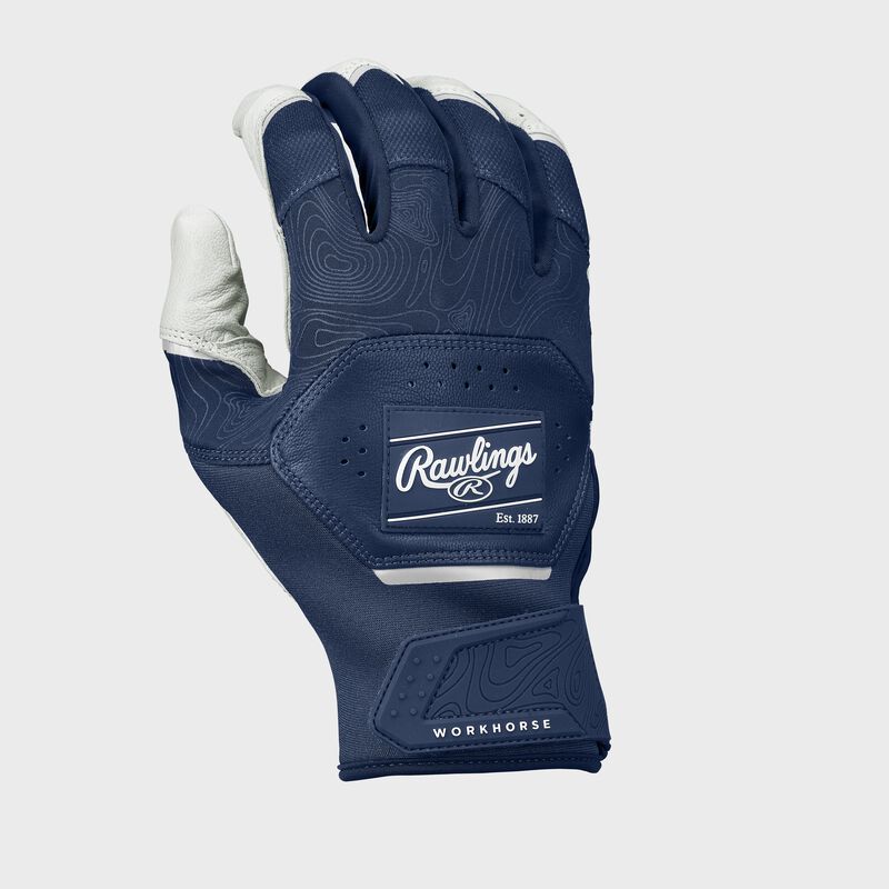 Back of a navy Rawlings Workhorse Batting glove