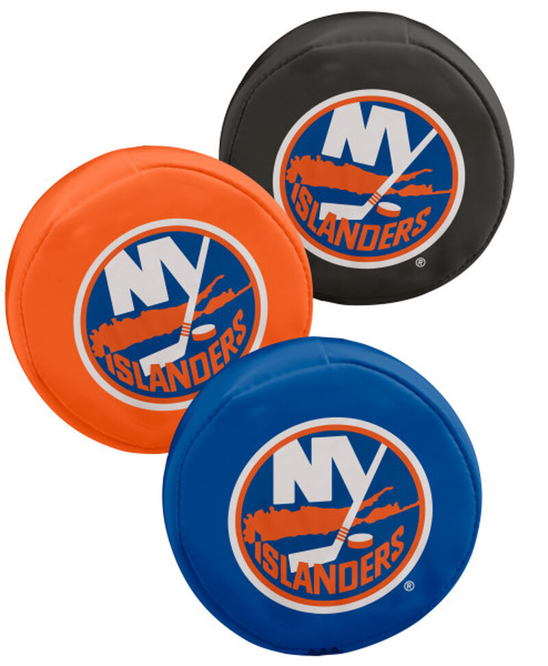 Rawlings NHL New York Islanders Three Puck Softee Set With Black, Orange, and Blue Pucks and Team Logo SKU #00614100111