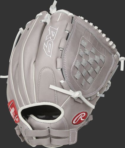 Gray back of a R9 Series 12-inch Basket web glove with a Pull-Strap back - SKU: R9SB120-3G