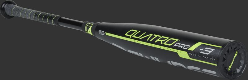 3/4 angle view of the black Quatro Pro BB9Q3 Rawlings -3 BBCOR composite bat