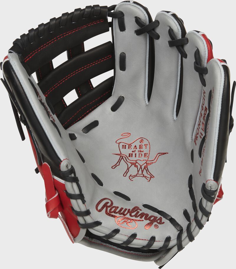 Gray palm of a Rawlings Cincinnati Reds HOH glove with scarlet stamping and black laces - SKU: RSGPRONP4-6CIN