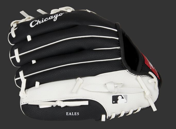 Back of a black/white Chicago White Sox 10-inch youth glove with the MLB logo on the pinky - SKU: 22000029111