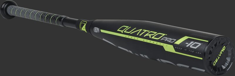 3/4 angle view of a UT9Q10 Rawlings USSSA Quatro Pro bat with a black end cap