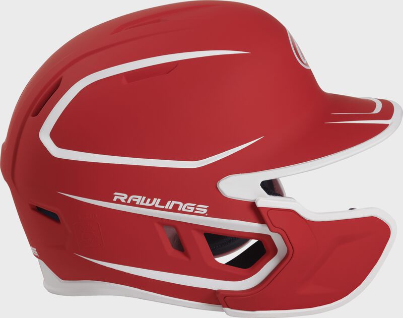 Right side of a two-tone MACHEXTR Rawlings MACH helmet with EXT extension piece for left hand batters