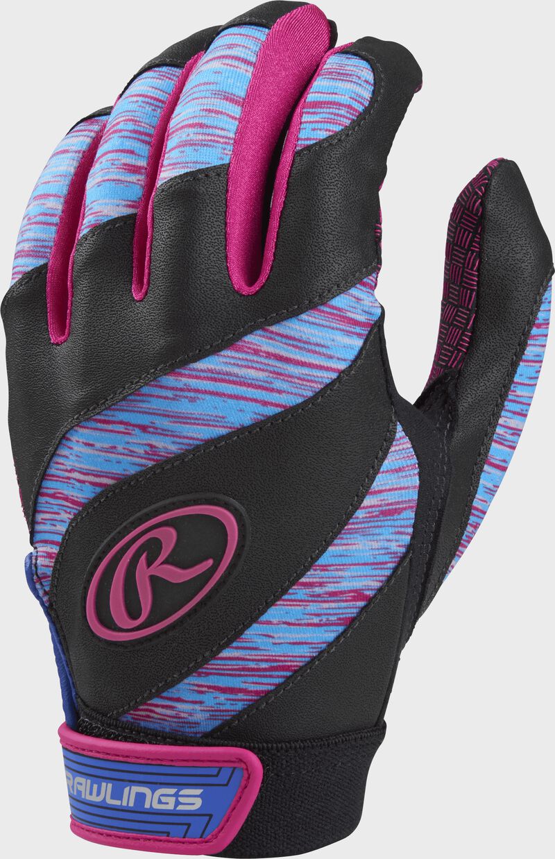 A black FPEBG Eclipse girl's softball batting glove with purple, pink and blue trim