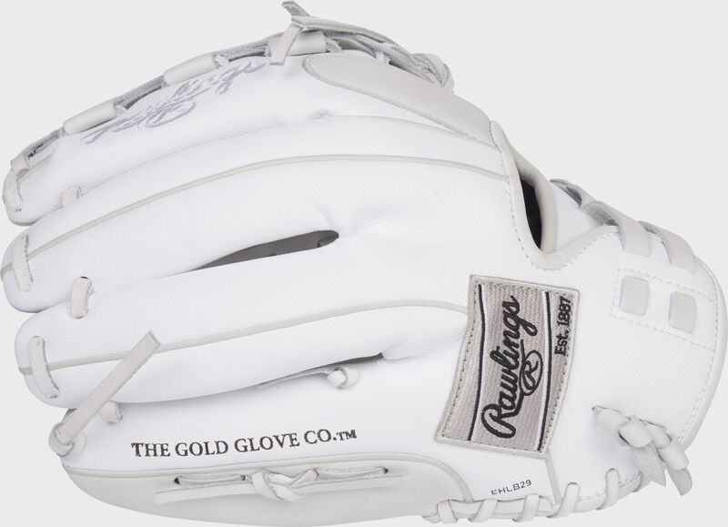 Back of a white Liberty Advanced Color Series 12.5-Inch fastpitch glove with a silver Rawlings patch - SKU: RLA125-18WSS