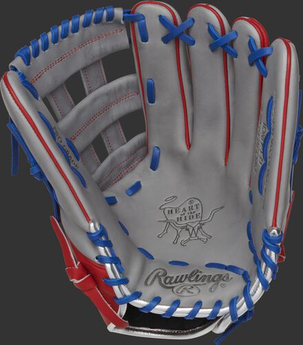 PRO3039-6PR Rawlings Puerto Rico outfield glove with a grey palm, grey web and royal laces