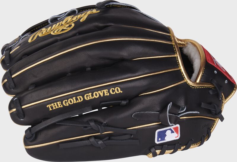 Back of a black Rawlings Pro Preferred Corey Dickerson outfield glove with the MLB logo on the pinky - SKU: RSGRPROS3039-6CD