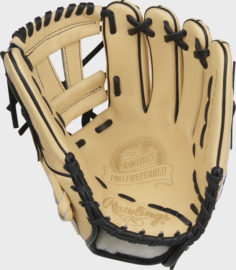 Camel palm of a Rawlings Manny Machado Pro Preferred glove with black laces - SKU: PROSNP5-7MM