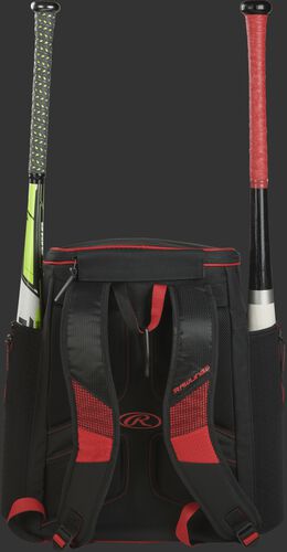 Back of a scarlet/black R600 Rawlings baseball backpack with two bats