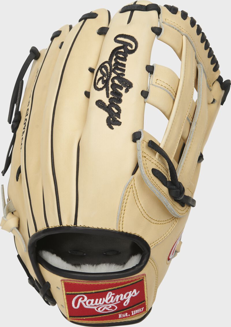 Back of a camel Pro Preferred H-web outfield glove with a red Rawlings patch - SKU: PROS303-6KCPRO