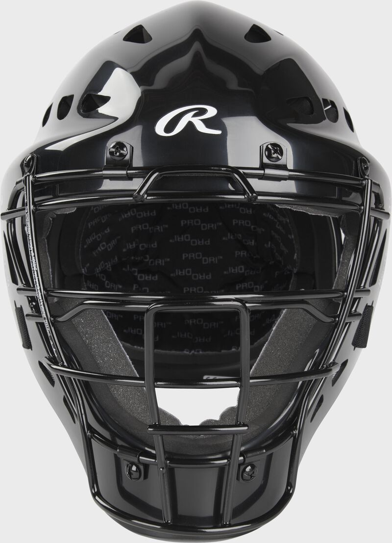 Front of a black Rawlings youth Players Series catcher's helmet