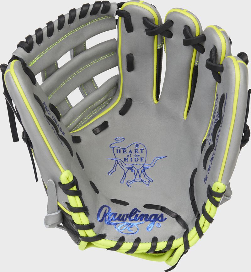 Gray palm of a Rawlings Heart of the Hide glove with black laces and optic binding - SKU: PRO205-6GRSS loading=