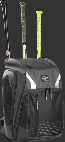 Front angle view of a Rawlings Legion bag with 3 bats in the back - SKU: LEGION-GR