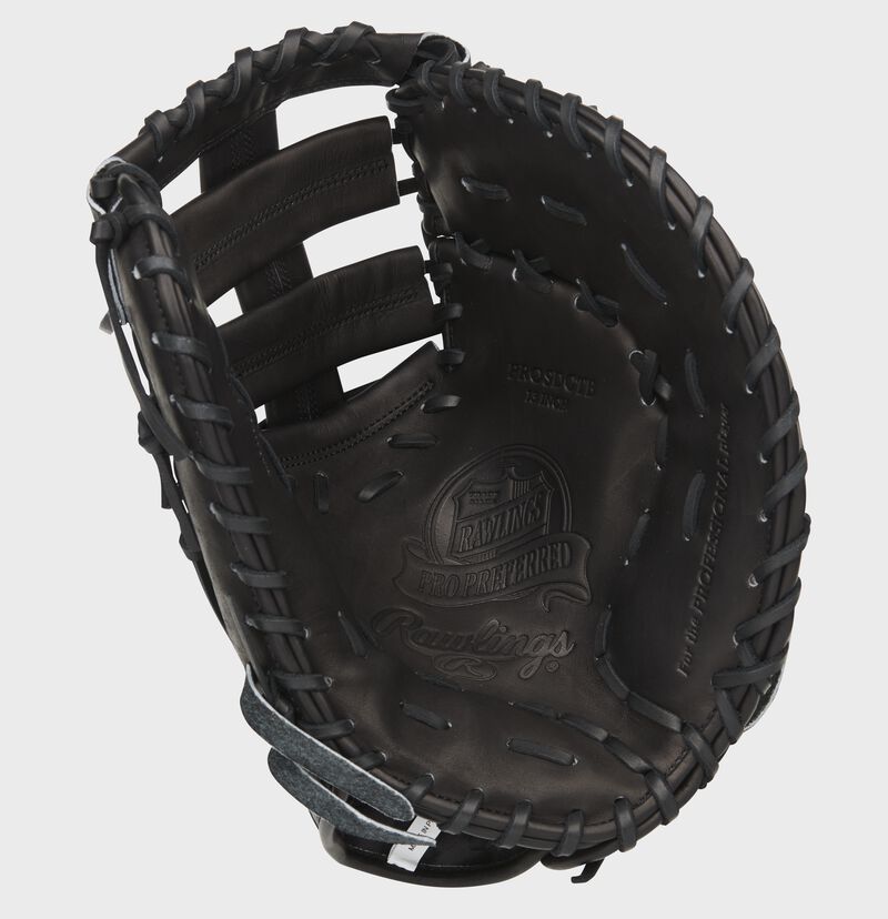 Black palm of a Rawlings Pro Preferred first base mitt with a black web and black laces - SKU: PROSDCTB