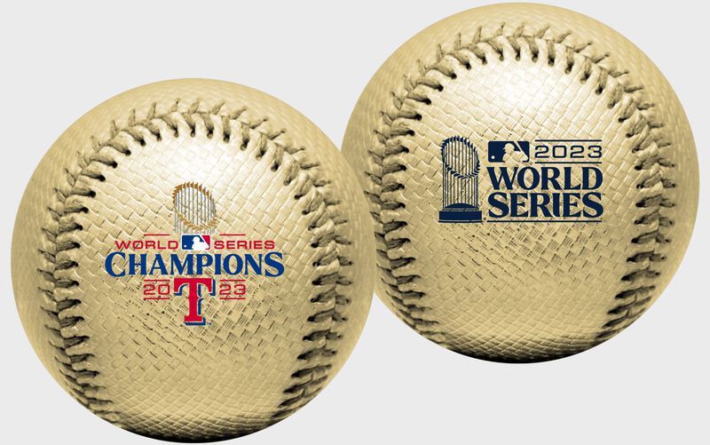 2 images of a 2023 Texas Rangers World Series Champions Gold Replica baseball
