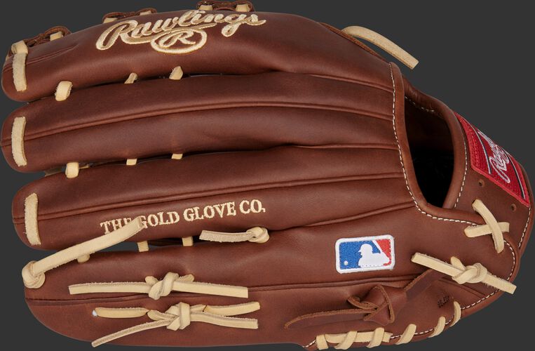 Timberglaze back of a Gameday 57 Series Nick Markakis outfield glove with the MLB logo on the pinky - SKU: PRO435-NM22