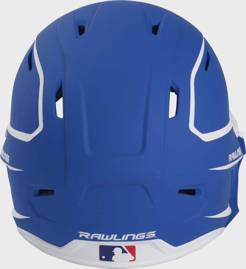 Back of a MACHEXTR high performance junior MACH helmet with a matte royal/white shell and Official Batting Helmet of MLB logo
