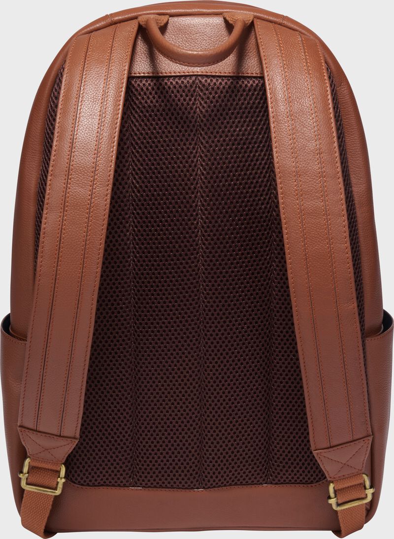 Back of a tan Rawlings Strike Out backpack with black shoulder straps